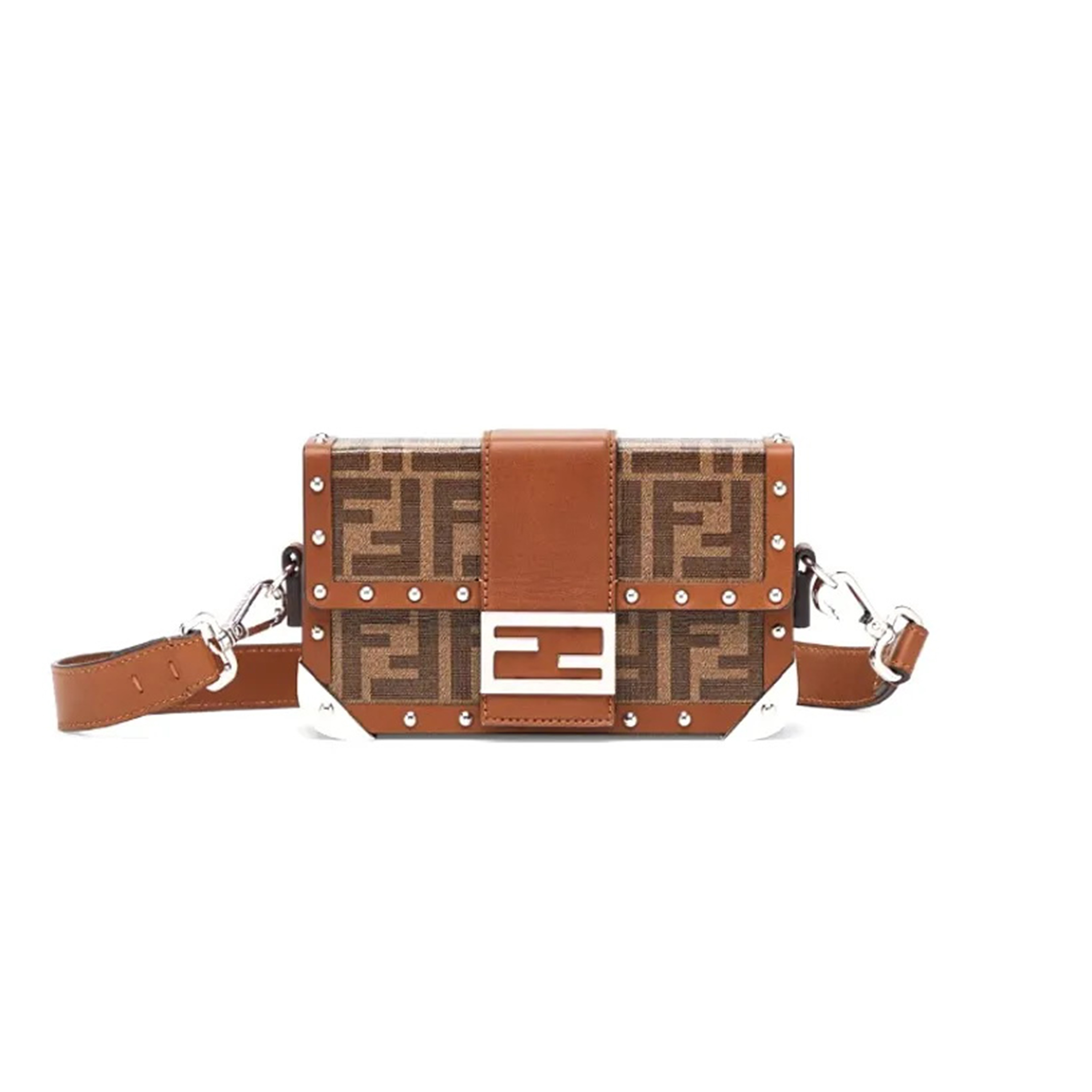 FENDI BAGUETTE TRUNK BAG ZUCCA COATED CANVAS MINI BROWN 7VA507A8V3F18AT (19*11*4cm)